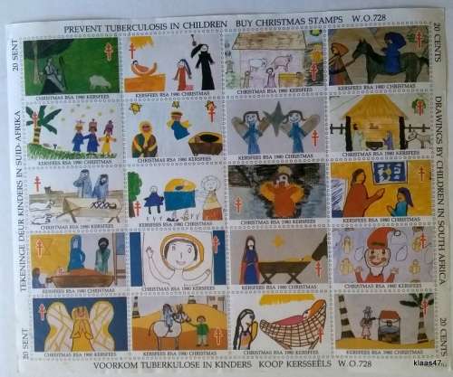 Charity Stamps South Africa - 1980 - Children Drawings - Christmas- Sheet of 20 Unused stamps