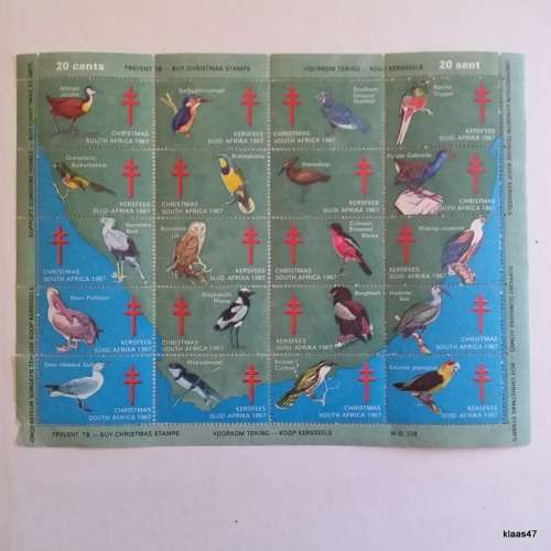 Charity Stamps Christmas 1967 South Africa Birds Sheet of 20 Unused stamps