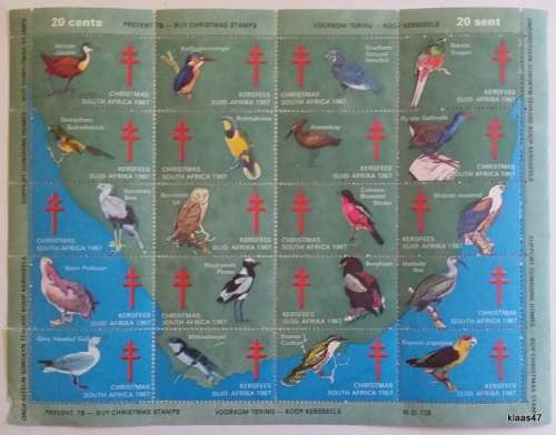 Charity Stamps Christmas 1967 South Africa Birds Sheet of 20 Unused stamps