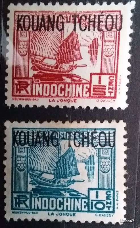 French Colonies - 1930`s - Indochina O/print Kouang Tcheou - 1 Red + 1 Blue Junk Unused Hinged stamp
