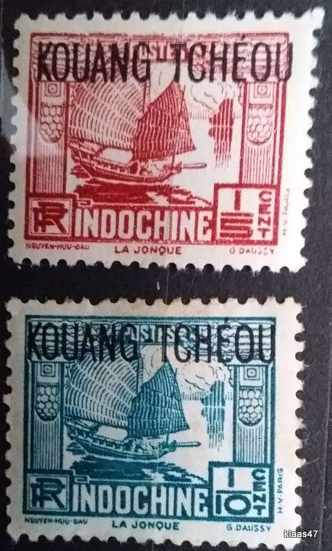 French Colonies - 1930`s - Indochina O/print Kouang Tcheou - 1 Red + 1 Blue Junk Unused Hinged stamp