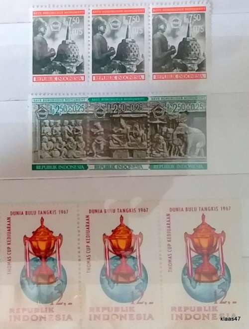Indonesia - 1967 - Thomas cup and 1968 - Save Borobudur Monument - 3 Strips Unused stamps