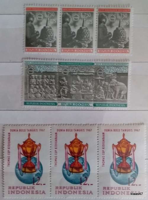 Indonesia - 1967 - Thomas cup and 1968 - Save Borobudur Monument - 3 Strips Unused stamps