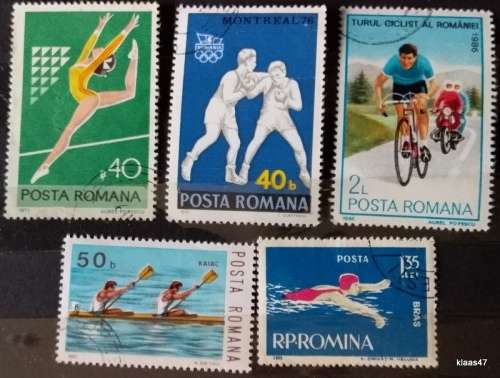 Romania - Mixed Lot of 5 Cancelled Hinged stamps - Theme: Sport