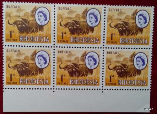 Rhodesia - 1966 - 1d Buffalo - Elizabeth II - Block of 6 Unused stamps