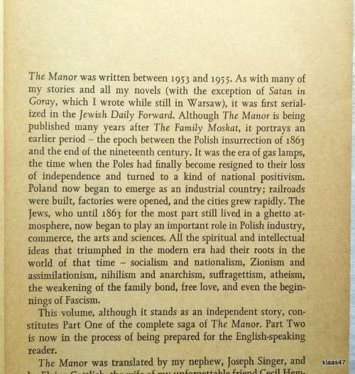 The Manor - Isaac Bashevis Singer - Paperback (Winner of the 1978 Nobel Prize for Literature)
