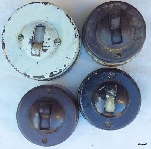 Vintage Elect Switches - 1 Large Bakelite (Painted White) - 3 Small Base porcelain and Tops Bakelite