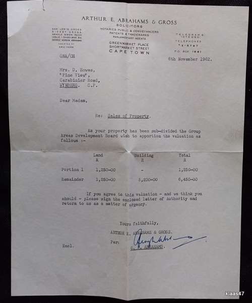 1972 - Legal Letter - Sale of Property - Group Areas Development Board Valuation