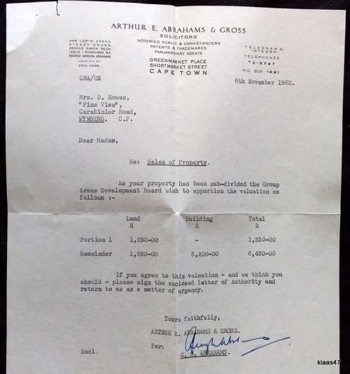 1972 - Legal Letter - Sale of Property - Group Areas Development Board Valuation