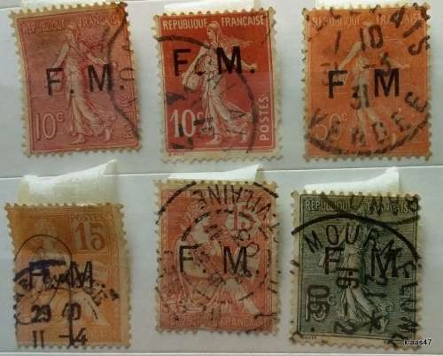 France - 1901-7 -  6 Used Hinged stamps -  Military  F M  Overprint