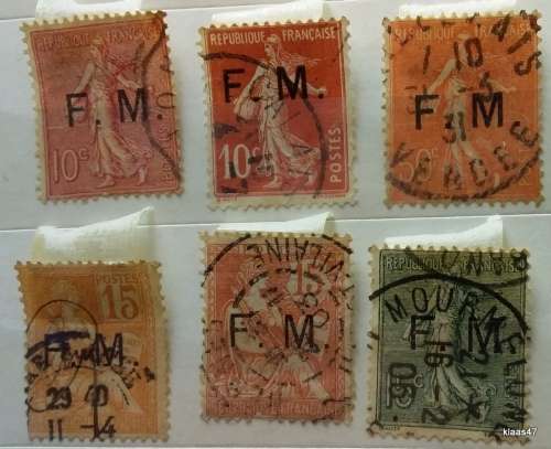 France - 1901-7 -  6 Used Hinged stamps -  Military  F M  Overprint