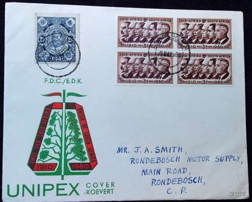 Union of South Africa (FDC) - 1960 - Prime Ministers (Block of 4)  and King George on Unipex Cover