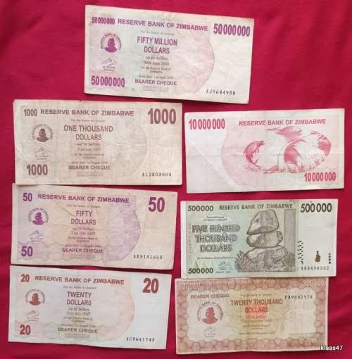 Zimbabwe - 6 Bank Notes $20, $50, $1000,$500 000, $10 000 000, $50 000 000 - 1 Bearer Cheque $20 000