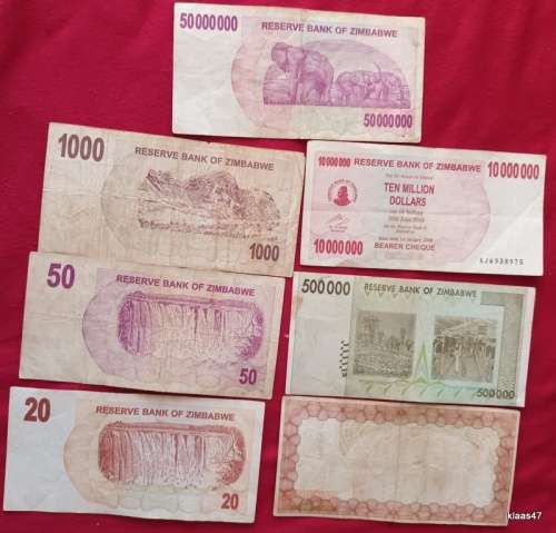 Zimbabwe - 6 Bank Notes $20, $50, $1000,$500 000, $10 000 000, $50 000 000 - 1 Bearer Cheque $20 000