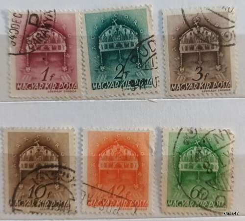 Hungary - 1939 - Crown of St. Stephen - 6 Used Hinged stamps