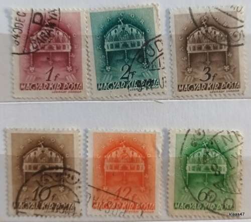Hungary - 1939 - Crown of St. Stephen - 6 Used Hinged stamps