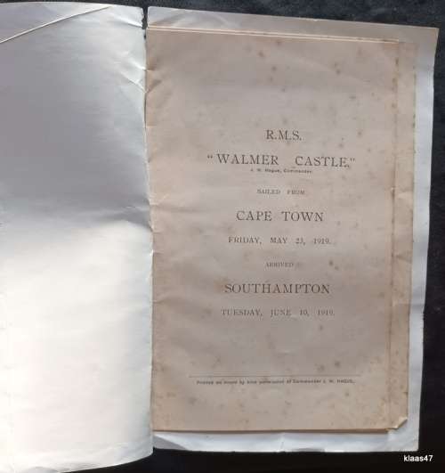 R.M.S. Walmer Castle - Entertainment Souvenir - May-June 1919 (Union Castle Line)
