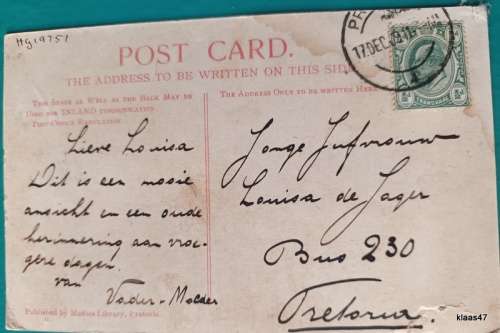 Post Card - Pretoria Date stamp 17 DEC 09 - The Late President and Mrs Kruger