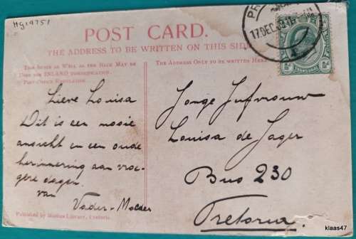 Post Card - Pretoria Date stamp 17 DEC 09 - The Late President and Mrs Kruger
