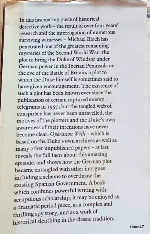 Operation Willi - Michael Bloch - Hardcover (The Plot to Kidnap the Duke of Windsor July 1940)