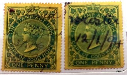 Cape of Good Hope - Victoria - The Stamp Act 1864 - 2x One Penny Used Revenue Stamps