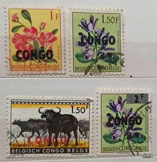 Congo - 1960 Overprints - 4 Used stamps (3 Flowers and 1 Animal)