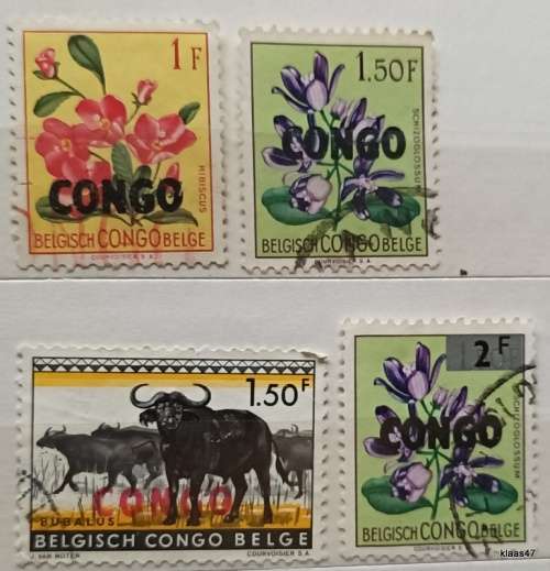 Congo - 1960 Overprints - 4 Used stamps (3 Flowers and 1 Animal)