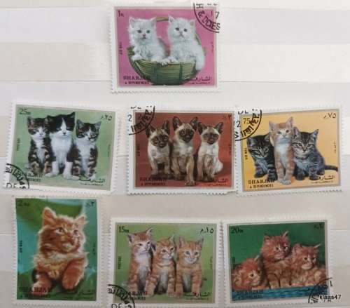 Sharjah - 1972 - Kittens - Set of 6 Cancelled Hinged Stamps, Plus 1 Pedigree Cat stamp