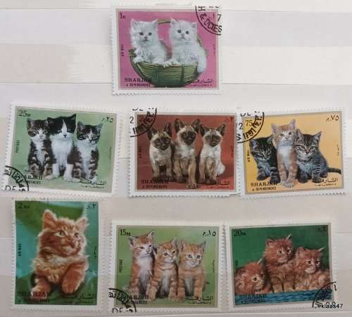 Sharjah - 1972 - Kittens - Set of 6 Cancelled Hinged Stamps, Plus 1 Pedigree Cat stamp