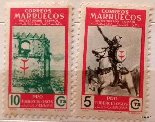 Spanish Morocco - 1950 - Anti-Tuberculosis Fund - 2 Unused stamps with numbers on reverse