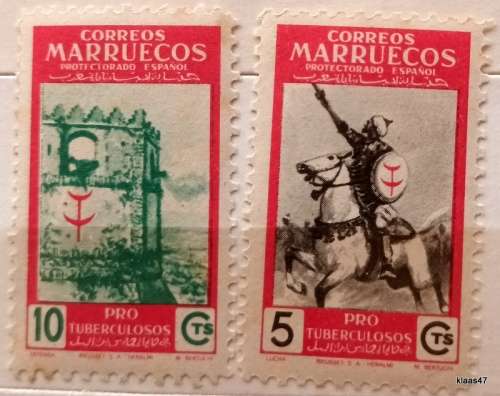 Spanish Morocco - 1950 - Anti-Tuberculosis Fund - 2 Unused stamps with numbers on reverse