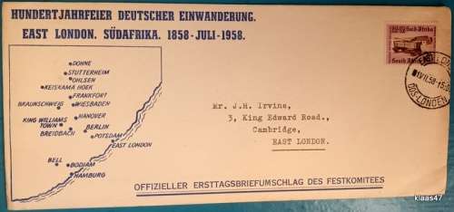 East London German Settlers Centenary Committee - 1958 - Commemorative Cover