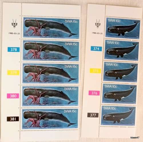 South West Africa - 1980 - Whales - Set of 6 Control Strips (Mint)