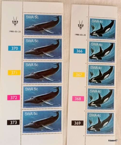 South West Africa - 1980 - Whales - Set of 6 Control Strips (Mint)