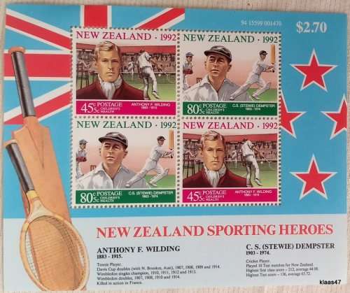 New Zealand  1992 Sporting Heroes Child Health Issue Mint Souvenir Sheet (2nd Series)