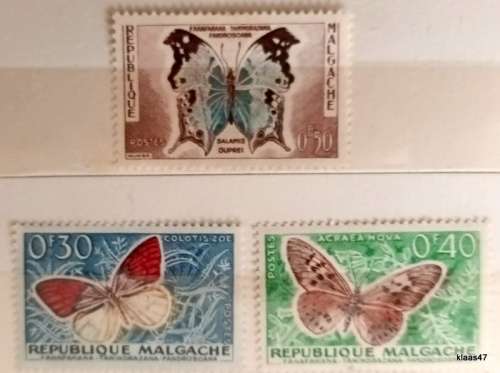 Madagascar - 1960 - Butterflies and Moths - 3 Unused Hinged stamps