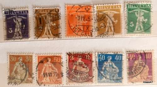 Switzerland - 1909-11 - Tell Boy issues - 5 Used and 1907-17 - Sitting Helvetia - 5 Used stamps