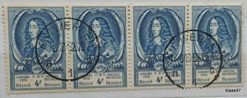 Belgium - 1952 - 13th UPU Congress Brussels - 4F - Strip of 4 Used stamps