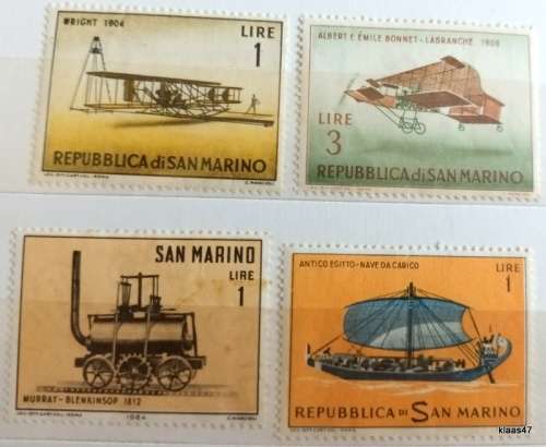 San Marino - 1962 Aircraft History, 1963 Ship and 1964 Locomotive History - 4 Unused Hinged stamps