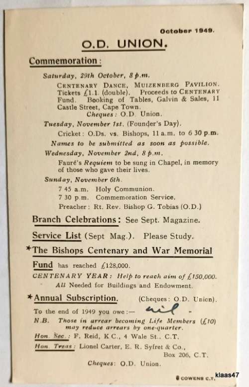 OD Union - 1949 - Commemoration Program Post Card - Celebrations 29th Oct - 6th Nov