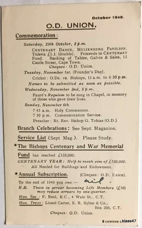 OD Union - 1949 - Commemoration Program Post Card - Celebrations 29th Oct - 6th Nov