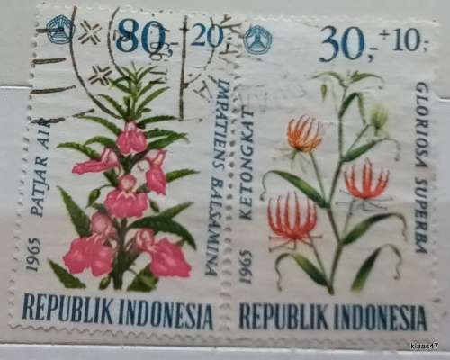 Indonesia - 1965 - Flower (semi-postal) - 2 Used stamps (some paper creasing)