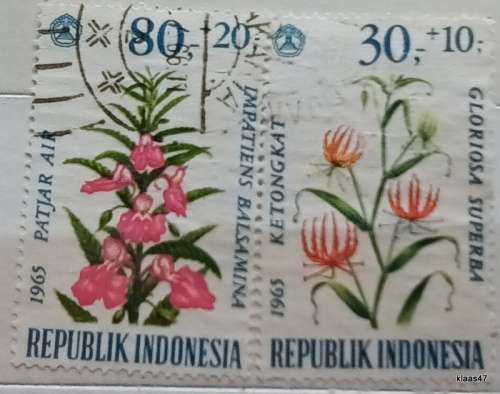 Indonesia - 1965 - Flower (semi-postal) - 2 Used stamps (some paper creasing)
