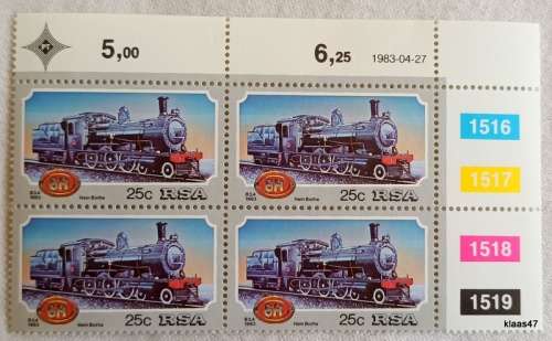 RSA - 1983 - Steam Locomotives - Set of 4 Control Blocks of 4 stamps each (Mint)