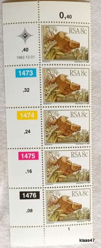 RSA - 1982 - Prehistoric Animals - Set of 4 Control Strips of 5 each (Mint)