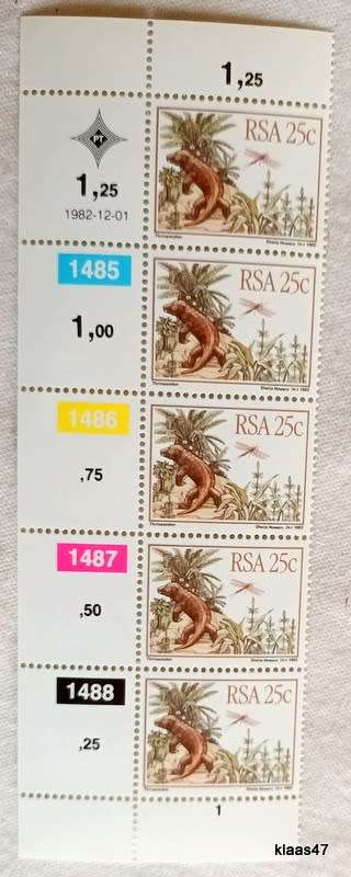 RSA - 1982 - Prehistoric Animals - Set of 4 Control Strips of 5 each (Mint)