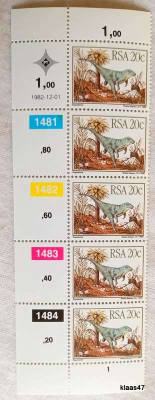RSA - 1982 - Prehistoric Animals - Set of 4 Control Strips of 5 each (Mint)