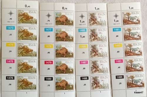 RSA - 1982 - Prehistoric Animals - Set of 4 Control Strips of 5 each (Mint)