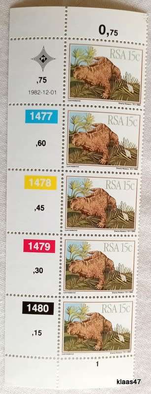 RSA - 1982 - Prehistoric Animals - Set of 4 Control Strips of 5 each (Mint)