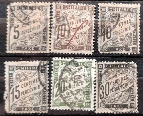 France - 1882-96 - 6 Used Hinged Postage Due stamps (Some damage)